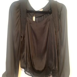 Free People Black Satin Bodysuit snap closure long sleeve